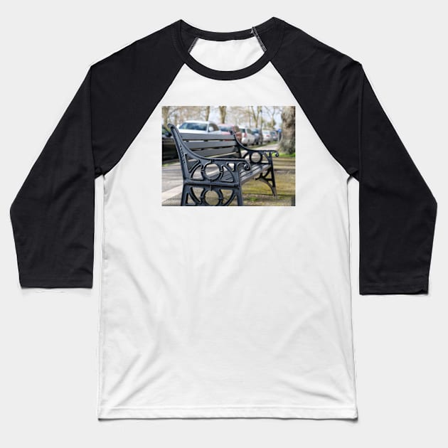 Bench for people to sit along the Thames river embankment in Windsor, Berkshire, England, UK Baseball T-Shirt by fantastic-designs